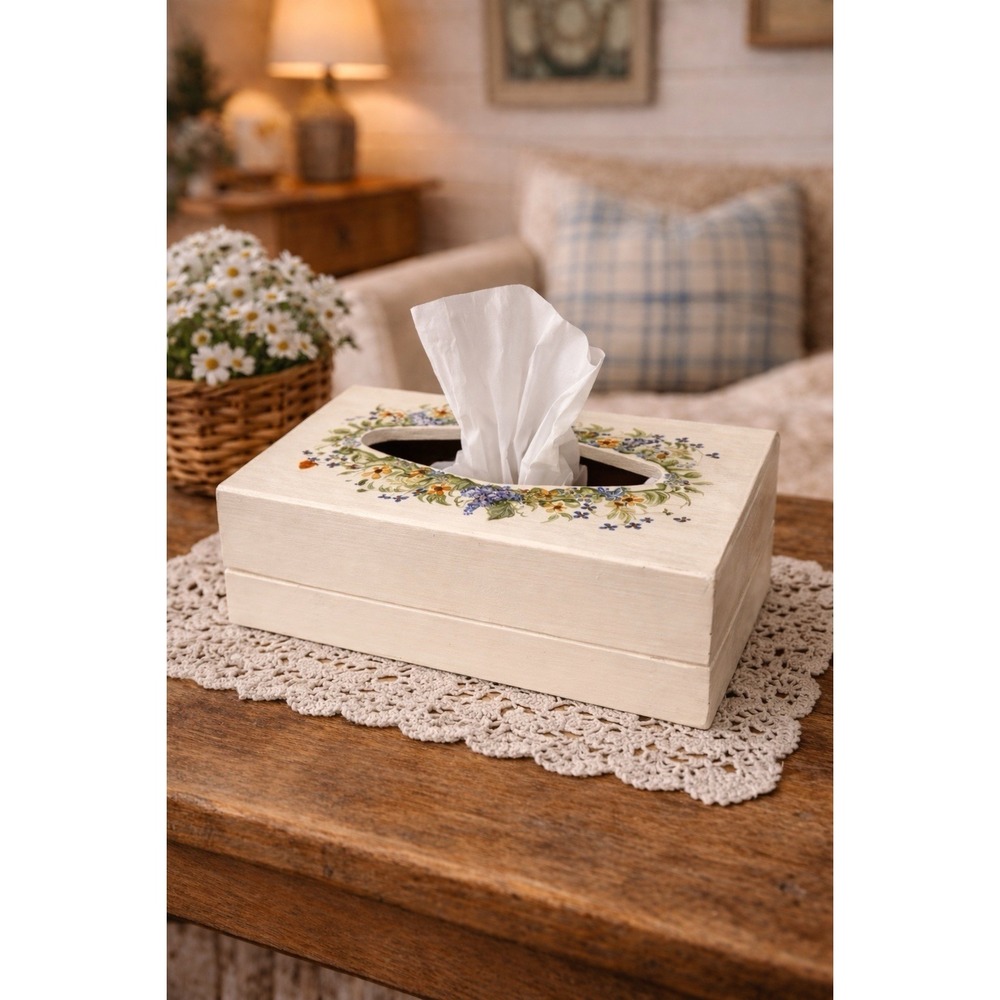 Vintage Hand Painted Wooden Tissue Box Holder Secret Drawer Country Cottage Core